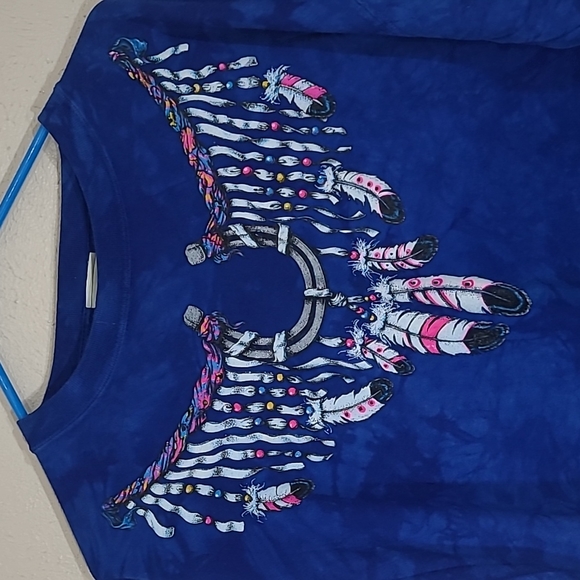 vintage 90s Rag Tops Native American Necklace feathers size L blue tie dye shirt - Picture 2 of 7